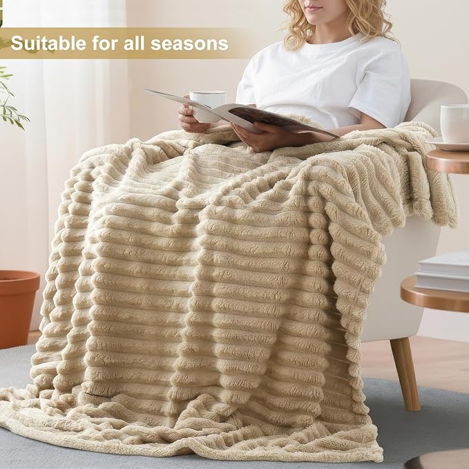 decorUhome Christmas Soft Fleece Light Brown Twin Blanket for Bed, Cozy Fluffy Plush Flannel Striped Throws for Couch Sofa, Lightweight Decorative Ribbed Fuzzy Blanket for Woman, 60x80 Inches