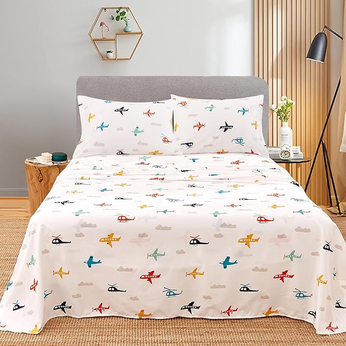 JSD Airplane Kids Sheet Set Twin Size, 3 Piece Soft Printed Microfiber Bed Sheets Deep Pocket