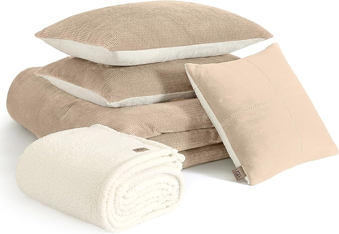 UGG Comforter Set 5 Piece Bed in a Bag with Throw Blanket, Decorative Pillow, Shams, and Reversible Comforter Hypoallergenic Washable Luxury Warm Fluffy Bedding Set, Ivory, King Size (Remina)