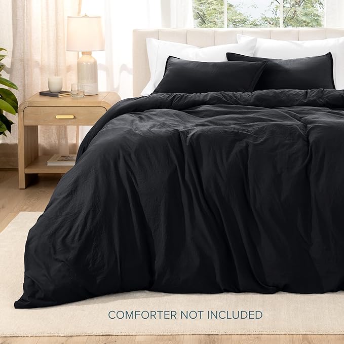 Bare Home Microfiber Duvet Cover Set - Ultra Soft Washed Microfiber - Queen Size - Linen-Like Look - Easy Care - Breathable Fabric - Our Softest Duvet Cover Set (Queen, Black)