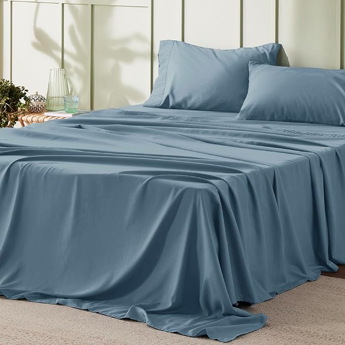 Bedsure King Size Sheets Set - 4 Pieces Soft King Sheets - Breathable & Cooling - Hotel Luxury - Easy Care Polyester Microfiber Bedding for Women, Men, Mineral Blue