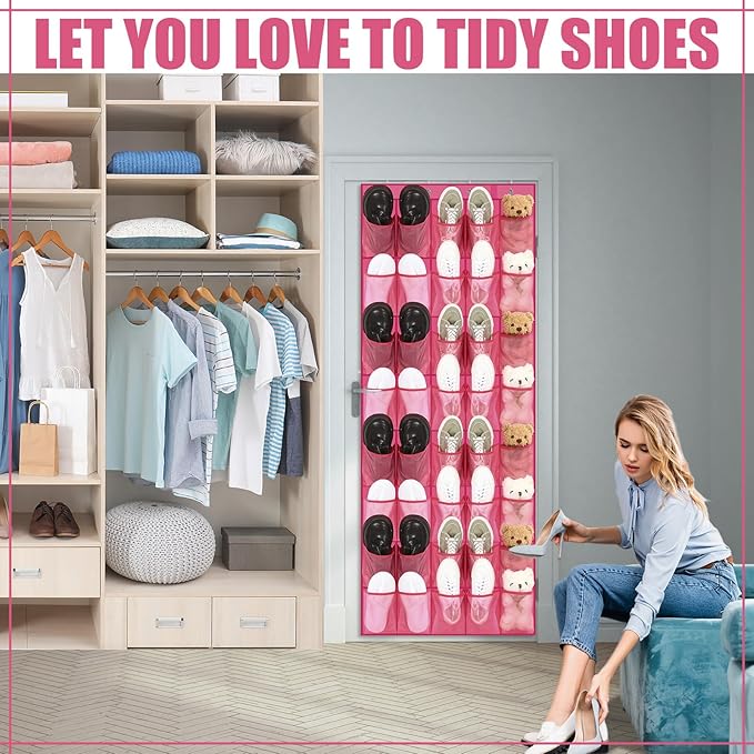 Windyun 40 Over the Door Shoe Organizer Large Mesh Pocket Hanging Shoe Rack for Closet Rose Red Nonslip Behind Door Storage Holder Back to School Organizer for Dorm Room College Classroom Storage