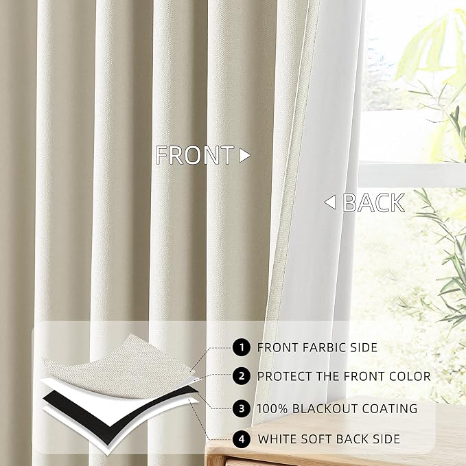 ChrisDowa 100% Blackout Birch Solid Curtains 96 Inches Long 2 Panels for Bedroom Living Room,Farmhouse Room Darkening Thermal Insulated Soundproof Grommet Top Window Treatment Drapes,52x96
