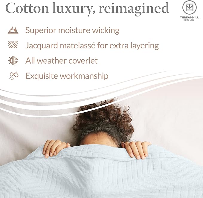 Threadmill Luxury Cotton Blankets for King Size Bed | All-Season Cozy 100% Cotton King Size Blanket | Aster Jacquard Soft & Lightweight Coverlet | Light Blue