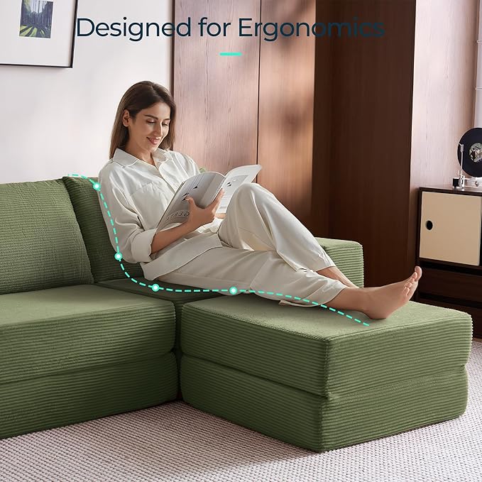 LINSY HOME Convertible Sofa Bed with 2 Pillows & Ottoman, Boneless Couch Folding Modular Sectional Sleeper Sofa, L Shaped Sofas Corduroy Couch Bed Compression Sofa for Living Room Apartment, Green