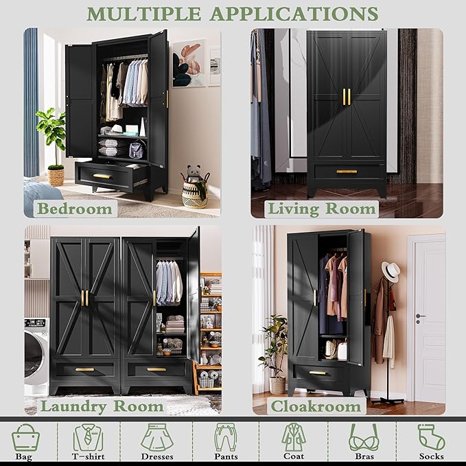 Metal Armoire Wardrobe Closet,71" Tall Black Storage Cabinet with Hanging Rod,2 Drawers & Adjustable Shelves,Heavy-Duty Steel Wardrobe for Bedroom, Garage, and Office