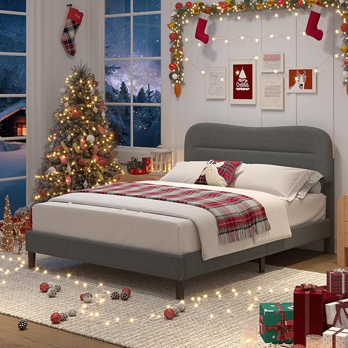 Queen Size Bed Frame with Headboard, upholstered Bed Frame Queen Size, Teddy Soft Boucle Fabric, Soft Cloud Marshmallow Shape Upholstered Headboard, No Box Spring Needed, Noise Free (Grey)