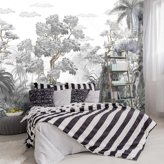 -Tropical Rainforest Botanical Grey Jungle Forest Fabric Wallpaper Living Room Palm Leaf Plant Bedroom Bathroom Large Wall Mural- 137"x96"（ not Peel and Stick）