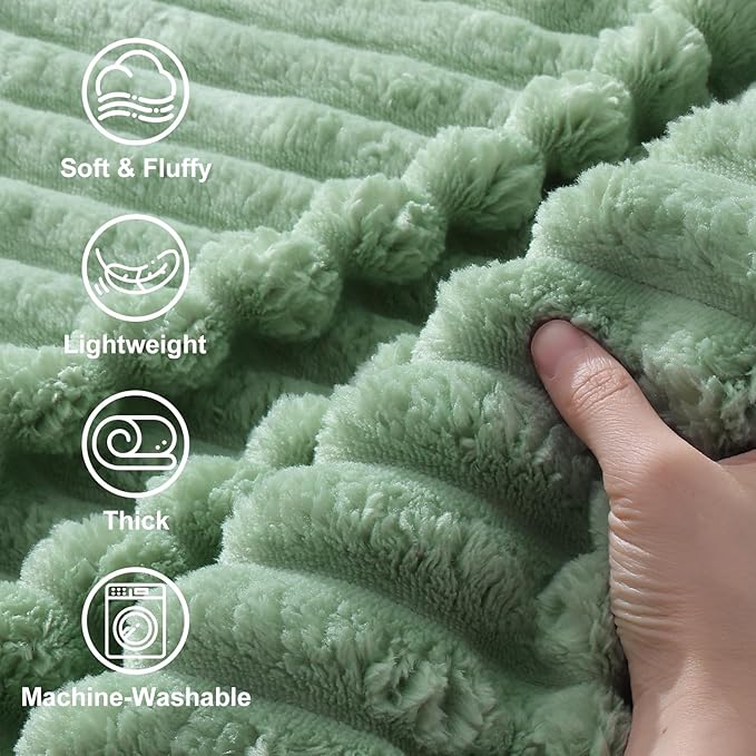 decorUhome Christmas Soft Fleece Sage Green Blanket King Size for Bed, Cozy Fluffy Plush Flannel Large Striped Throws for Couch Sofa, Lightweight Decorative Fuzzy Blanket for Woman, 108x90 Inches