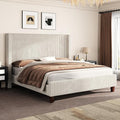 AMERLIFE Queen Size Upholstered Bed Frame with 50.8" Tall Headboard, Wingback Platform Bed with Solid Wood Legs, Wooden Slats, Corduroy/No Box Spring Needed/Noise Free/Cream