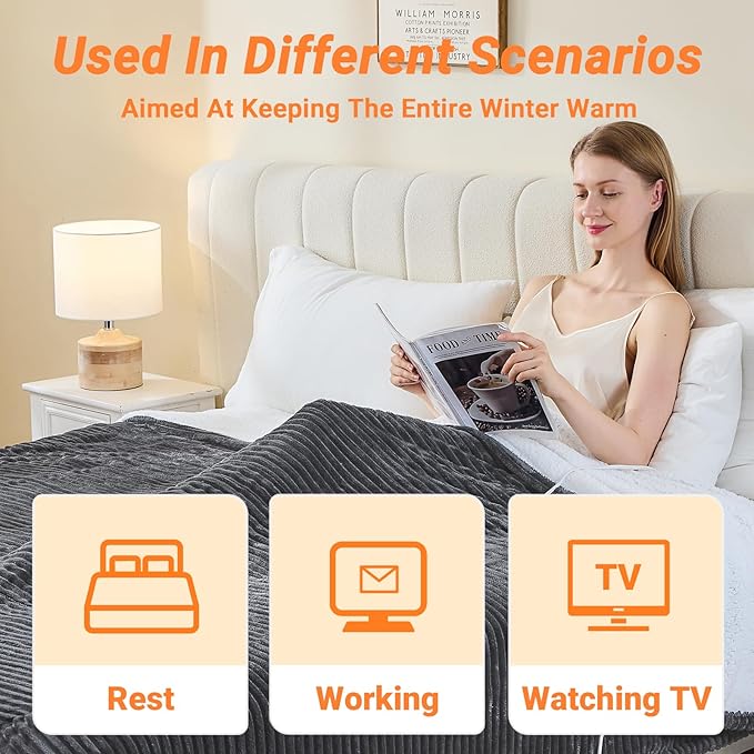 Heated Blanket Electric Queen, Soft Flannel Heating Blanket with 8 Hours Auto Off 10 Fast Heating Levels Machine Washable Sherpa Heated Blanket with Overheating Protection