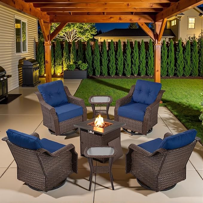 Belord Luxury Patio Furniture Set with Fire Pit Table - Outdoor Swivel Rocker Chairs Set of 4 with 30 inch Propane Fire Table for Patio Conversation and Cozy Outdoor Gatherings