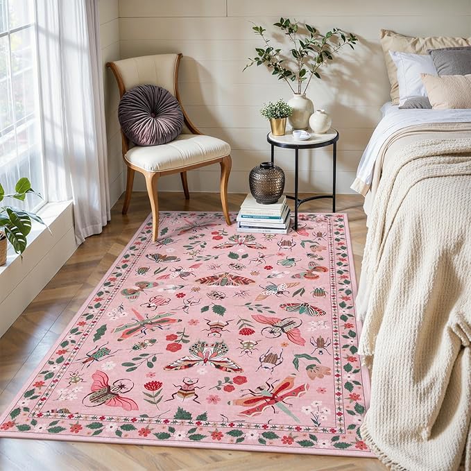 Lahome Insect Washable Small Area Rug, 3x5 Area Rug for Bedroom Living Room, Non-Slip Soft Accent Throw Carpet for Kitchen Office Entryway Bathroom Office, Pink