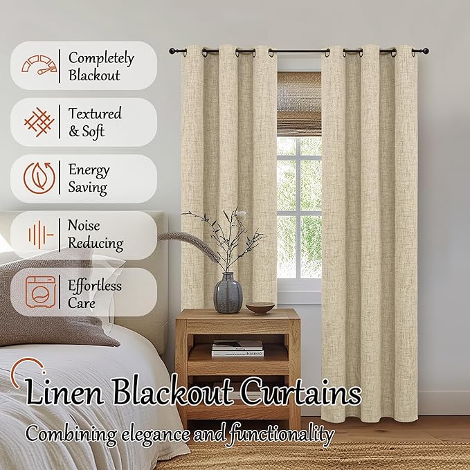 Linen Blackout Curtains for Living Room Narrow Window, Thermal Insulated Complete Light Blocking Soundproof Small Curtains for Bedroom, Each 38 Inch Wide 80 Inch Length 2 Panels, Burlap