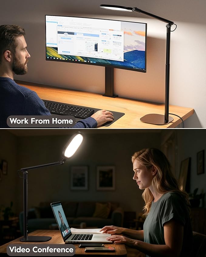 Led Desk Lamps for Home Office with Base, Tall Desk Lamp with 50 Light Modes & Memory and Timer Func Computer Light, Flexible Adjustable Table Lamps for Video Conference, Architect or Study( Black)
