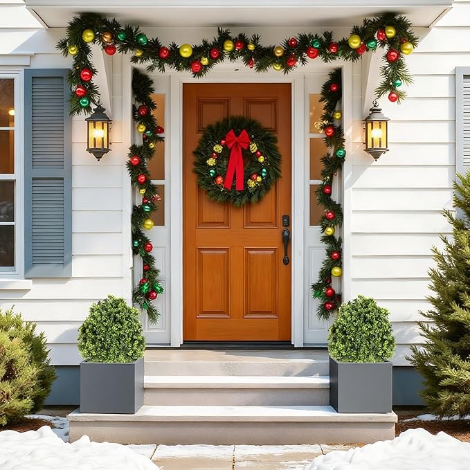 27“ Realistic Artificial Boxwood Topiary Trees Set of 2, Faux Boxwood Plants Outdoor UV-Resistant, No Maintenance Curb Appeal Fake Evergreen Bushes & Shrubs for Front Porch Outside Planter Decor