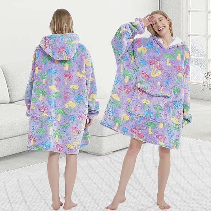 Glow in The Dark Mushroom Wearable Blanket Hoodie for Adult,Oversized Sherpa Fleece Blanket Hoodie for Women Men,Mushroom
