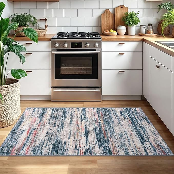 3x5 Modern Abstract Area Rug for Entryway, Teal Blue Peach Gray Multi Super Soft Washable Rug with Non-Slip, Low-Pile Door Mat Indoor for Living Room Bedroom, Living Carpet with Non-Shedding