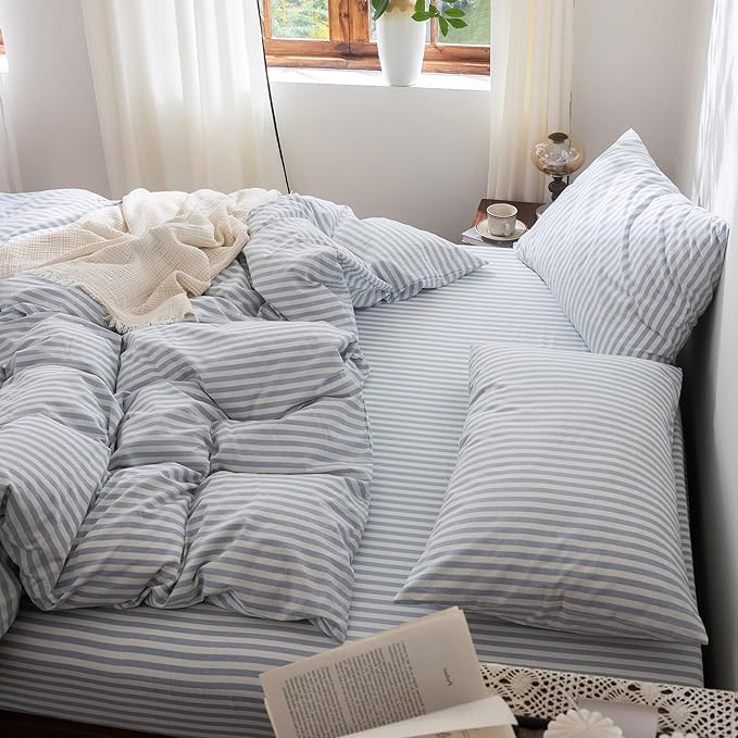 FOSSA Striped Duvet Cover Set 100% Washed Cotton Linen Feel Super Soft Breathable Cozy 3 Pieces Bedding Sets Cornflower Blue White Classic Stripes Queen