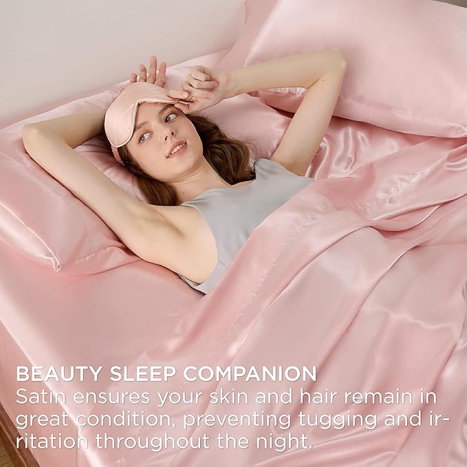 Bedsure Pink Satin Sheets Cal King Size - 4 Piece Silky Bedsheets with 15 Inches Deep Pocket Fitted Bedsheet,1 Flat Sheet, 2 Satin Pillowcases, Good for Hair & Skin (Cal King, Pink)