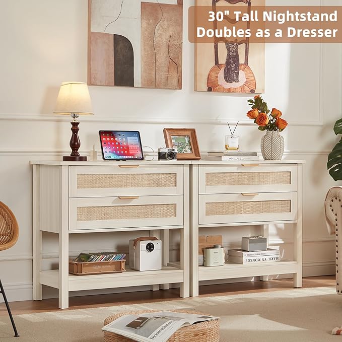 LEYAOYAO 31.5" Wide Rattan Night Stand with Charger Station, Oversized Large Boho Nightstand with 2 Drawer, Grey White Bed Side End Tables, Tall Bedside Table for Bedroom Living Room, Hallway
