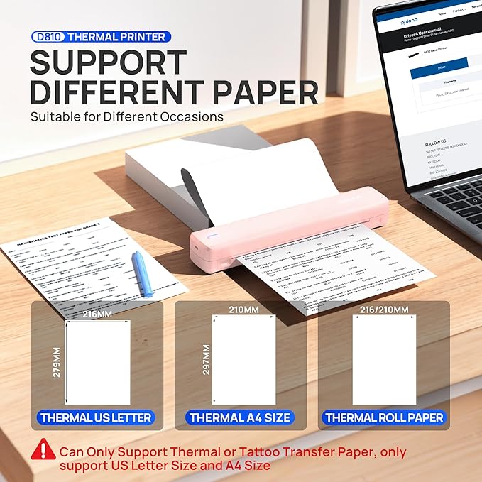 POLONO Portable Printer Wireless for Travel, D810 Bluetooth Thermal Printer Support for 8.5"x11" US Letter, Inkless Compatible with iOS, Android, Laptop for Office, Car and Home with Carry Case, Pink
