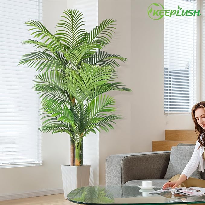 6ft Tall Triple Golden Cane Palm Artificial Tree 72inch Large Tropical Palm Tree UV Resistant Fake Plant in Pot for Indoor Outdoor Big House Living Room Outside Patio Office Home Decor 2Pack