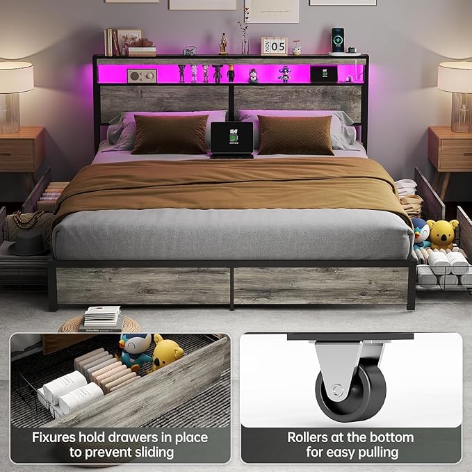 King Size Bed Frame with 4 Storage Drawers and Headboard with Charging Station and LED Lights,2 Tier Solid Wood Headboard Storage/Noise Free/No Box Spring Needed/Remote Control/Rustic Grey