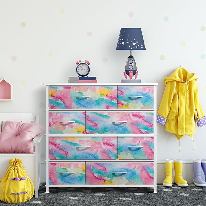 Sorbus Dresser with 8 Drawers - Furniture Storage Chest for Kid’s, Teens, Bedroom, Nursery, Playroom, Clothes, Toys - Steel Frame, Wood Top, Fabric Bins (Tie-dye)