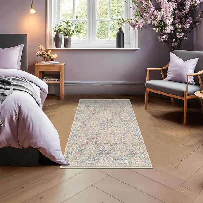 Large 3x6 Entryway Rug Indoor - Washable Non-Slip Low Pile Stain Resistance Ultra Soft Area Rug for Large Kitchen, Bedroom Beside Bed - Vintage Floral Beige Blue Home Decor