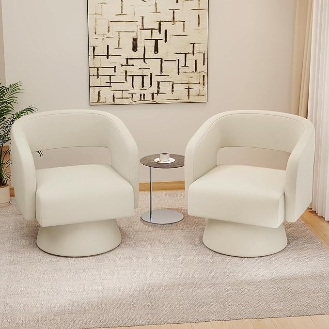 Swivel Accent Chair, Modern Comfy Chenille Barrel Chairs, Oversized Upholstered Round Arm Chair for Living Room, Bedroom, Reading Room, Beige, 1 PCS