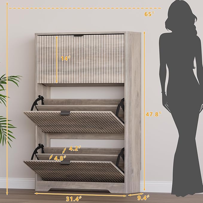 Entryway Shoe Cabinet with 3 Flip Drawers, Narrow Shoe Organizer Cabinet with Fluted Panel and Adjustable Shelves for Foyer, Hallway