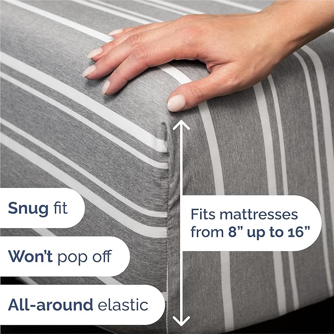 King 6 Piece Sheet Set - Cooling, Comfy & Breathable - Hotel Luxury Bedding, Includes Fitted Sheet for Women, Men, Kids & Teens - 1 Flat, 1 Fitted Sheet, 4 Pillowcases w/Deep Pockets - Grey Stripes