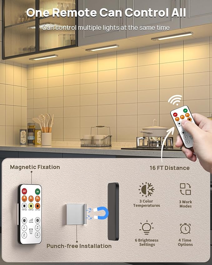 Under Cabinet Lighting with Remote Control,2500mAh USB Rechargeable Motion Sensor Light Indoor,350 Lumen LED Closet Lights,3 Color Temps Wireless Under Counter Lights for Kitchen,Pantry, Stair, 4 Pack