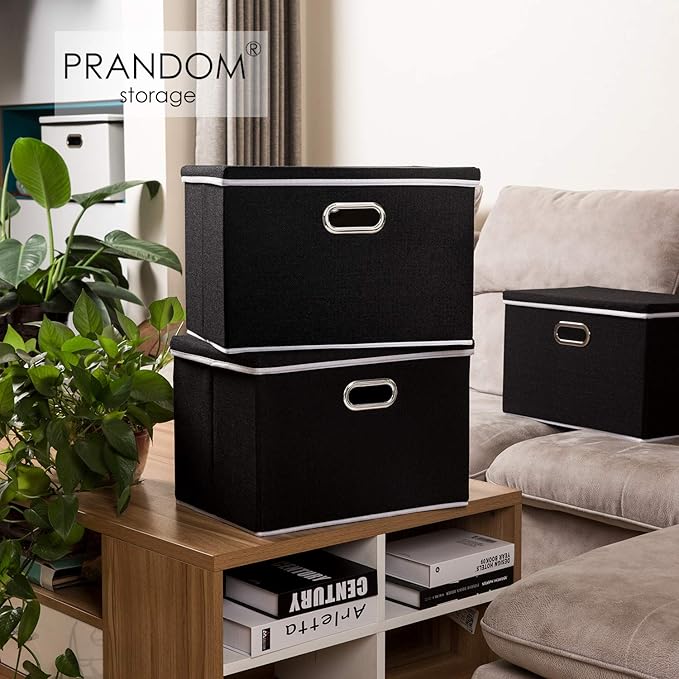 PRANDOM Extra Large Collapsible Storage Bins with Lids [3-Pack] Linen Fabric Foldable Storage Baskets Boxes Organizer Containers Cube with Cover for Bedroom Closet Office Nursery (22.8x15.7x13.8)