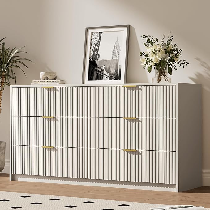 3-Piece Dresser Bedroom Set, 6 Drawer Dresser & 2 Drawer Nightstands with Gold Handles, Fluted Wood Chest of Drawers for Bedroom, Living Room, Entryway, Beige