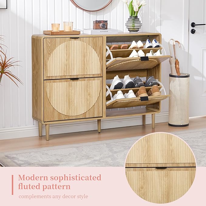 Turtle&Myrtle Narrow Fluted Shoe Cabinet for Entryway, Slim Hidden Shoe Rack, Wooden Freestanding Shoe Storage Organizer with 4 Flip Drawers, Hallway, Living Room, Foyer (Natural)