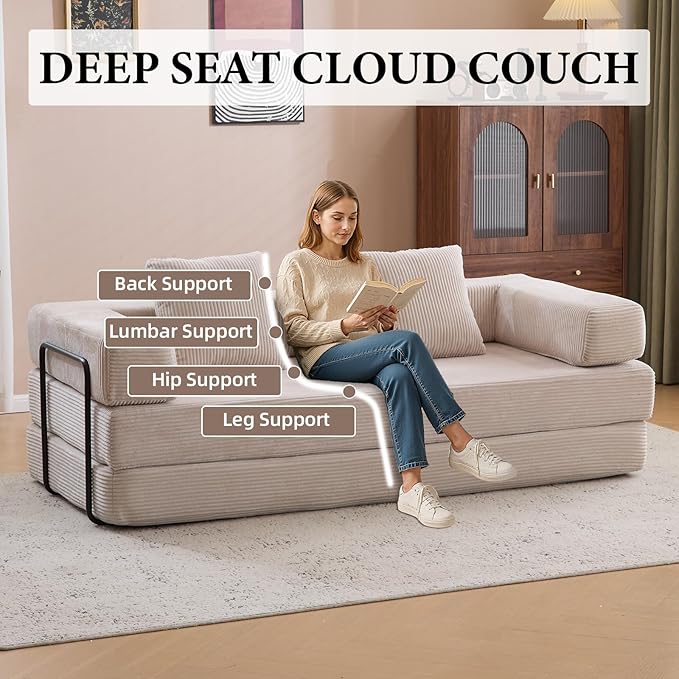 4-in-1 Convertible Folding Sleeper Sofa Bed, Fold Out Floor Sofa Couch with Fixed-Shape Frame, Cloud Corduroy Foldable Mattress Couch for Living Room Bedroom (77" Corduroy, Light Grey)