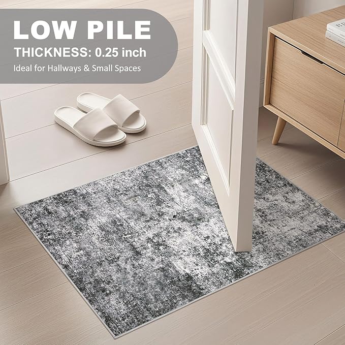 2x3 Entryway Area Rug: Washable Neutral Modern Abstract Small Rug - Non-Slip Low Pile Throw Indoor Carpet for Entrance Kitchen Front Door Mat Bathroom Entry Kids Room - Grey