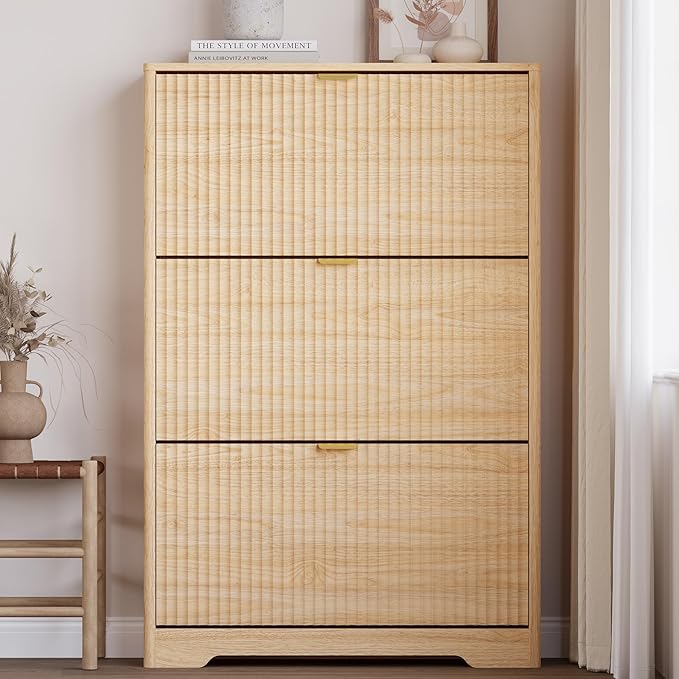 Entryway Shoe Cabinet with 3 Flip Drawers, Narrow Shoe Organizer Cabinet with Fluted Panel and Adjustable Shelves for Foyer, Hallway
