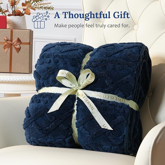 Sherpa Fleece Adult Weighted Blanket Great for Sleep, 15 lbs Dual Sided Soft Fuzzy Heavy Blankets for Couch Bed Sofa, Cozy Warm Fluffy Jacquard Throw for Winter (Navy Blue, 60" x 80", 15 Pounds)