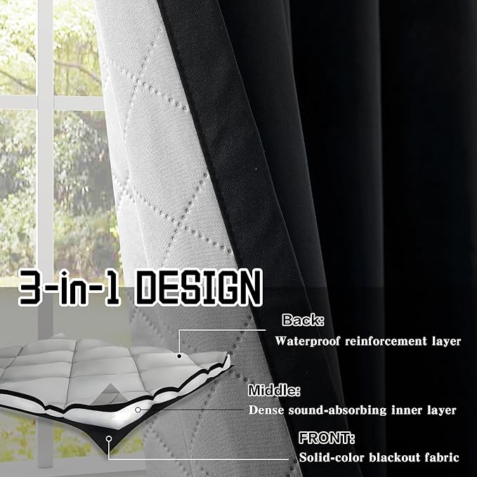 Black Heavy Soundproof Curtains for Window 3-in-1 Full Blackout Drapes Noise Canceling Heat Insulating Winter Curtains for Bedroom Living Room (1 Panel, Black, 50" x 84")