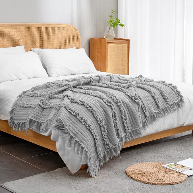 HORIMOTE HOME Stone Washed Quilted Throw Blanket with Ruffle Fringe Design - Soft & Chic Rustic Decorative Blanket for Couch, Bed, Chair - Pre-Washed Grey Boho Style - 50"x60"