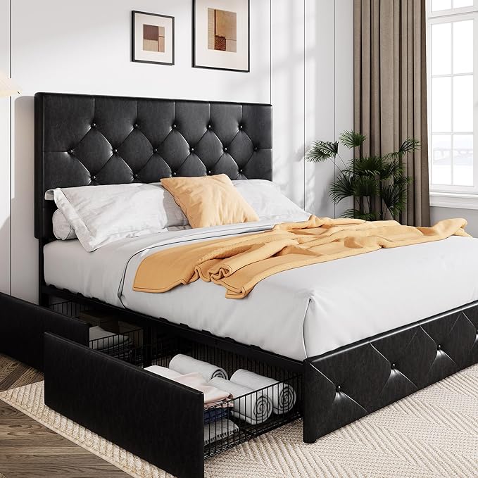 Allewie Upholstered Queen Size Platform Bed Frame with 4 Storage Drawers and Headboard, Diamond Stitched Button Tufted, Mattress Foundation with Wooden Slats Support, No Box Spring Needed, Black