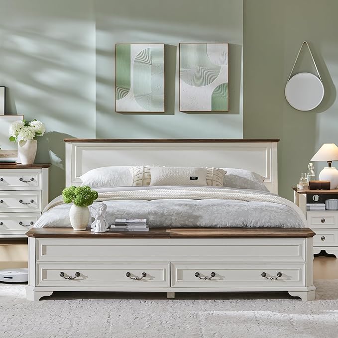 T4TREAM Farmhouse King Bed with Headboard and Storage Bench, Rustic Wood Platform Bed with 80" Storage Chest w/ 4 Large Drawer (Antique White)