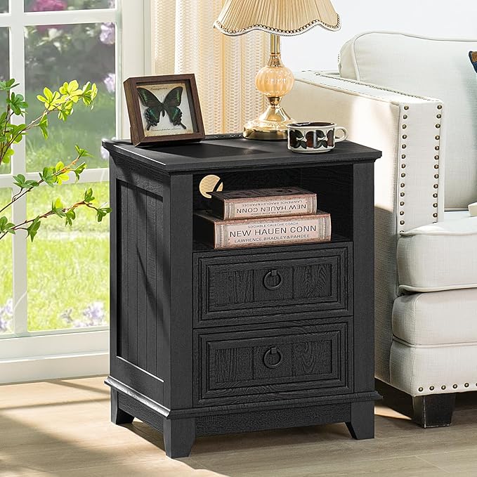 18" Farmhouse Night Stand with Charging Station, 2 Drawers End Table Dresser for Bedroom, Black Wooden Nightstand, Bed Side Table with Open Shelf, Bedside Cabinet for Living Room, Closet
