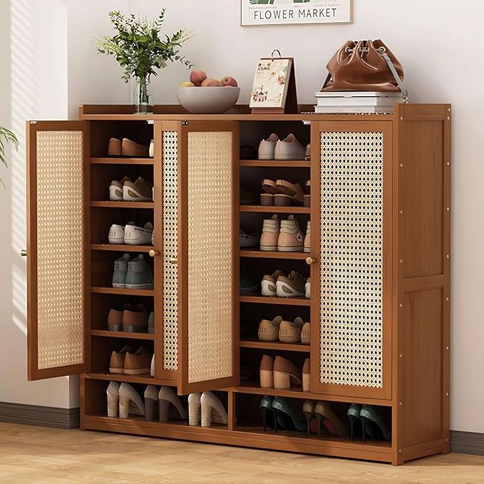 Bamboo Shoe Cabinet, 36-40 Pairs 8 Tier Shoe Rack with Doors, Freestangding Shoe Cabinet Organizer with Shelves, 43" Tall Shoe Rack Organizer for Entryway, Closet, Hallway