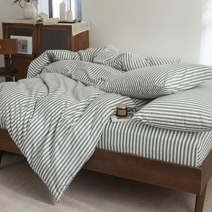FOSSA Striped Duvet Cover Set 100% Washed Cotton Linen Feel Super Soft Breathable Cozy 3 Pieces Bedding Sets Heathered Green Classic Stripes Queen