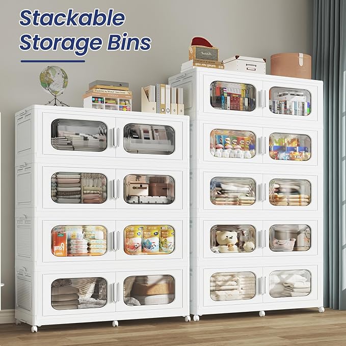 200 Gallon Extra Large Storage Bin with Lid and Wheels, Stackable Collapsible Plastic Storage Box with Door, Foldable Organizer for Closet, Kitchen, Office, Living Room, 4 Pack White