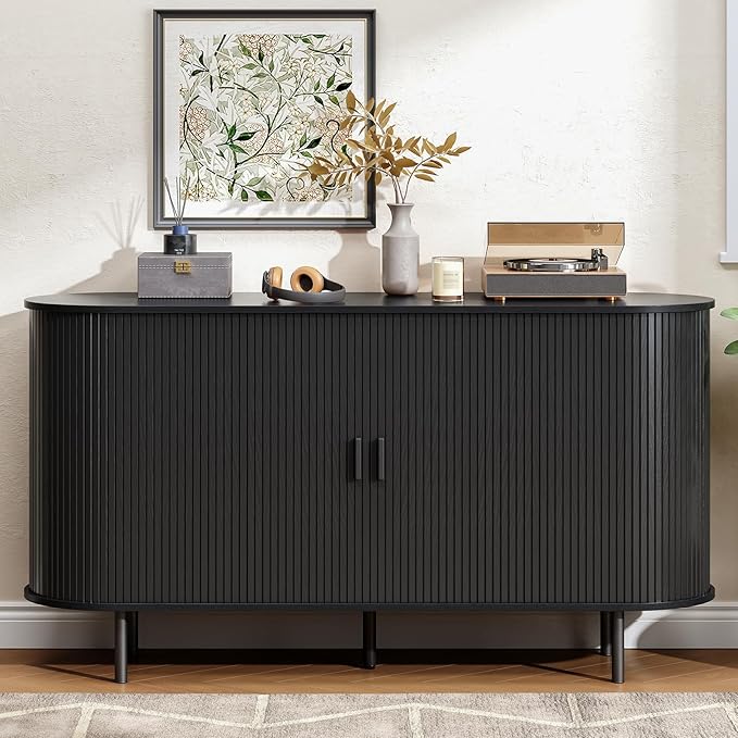 Buffet Cabinet with Storage, Fluted Sideboard Buffet with Sliding Door, Coffee Bar Cabinet with Adjustable Shelf, Console Table, Accent Table for Entryway, Kitchen (Black, 55 Inch)